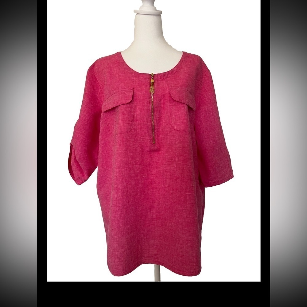 Ellen Tracy Linen Cotton Blend Pink 3/4 Sleeve Qtr Zip Pull On Top XL